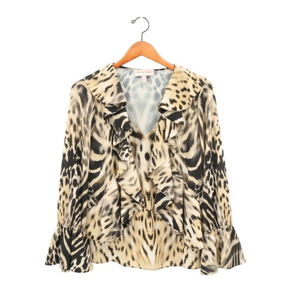 Chico's Black Label Animal Print Ruffle V-Neck Bell Sleeve Blouse Top S - Picture 1 of 5